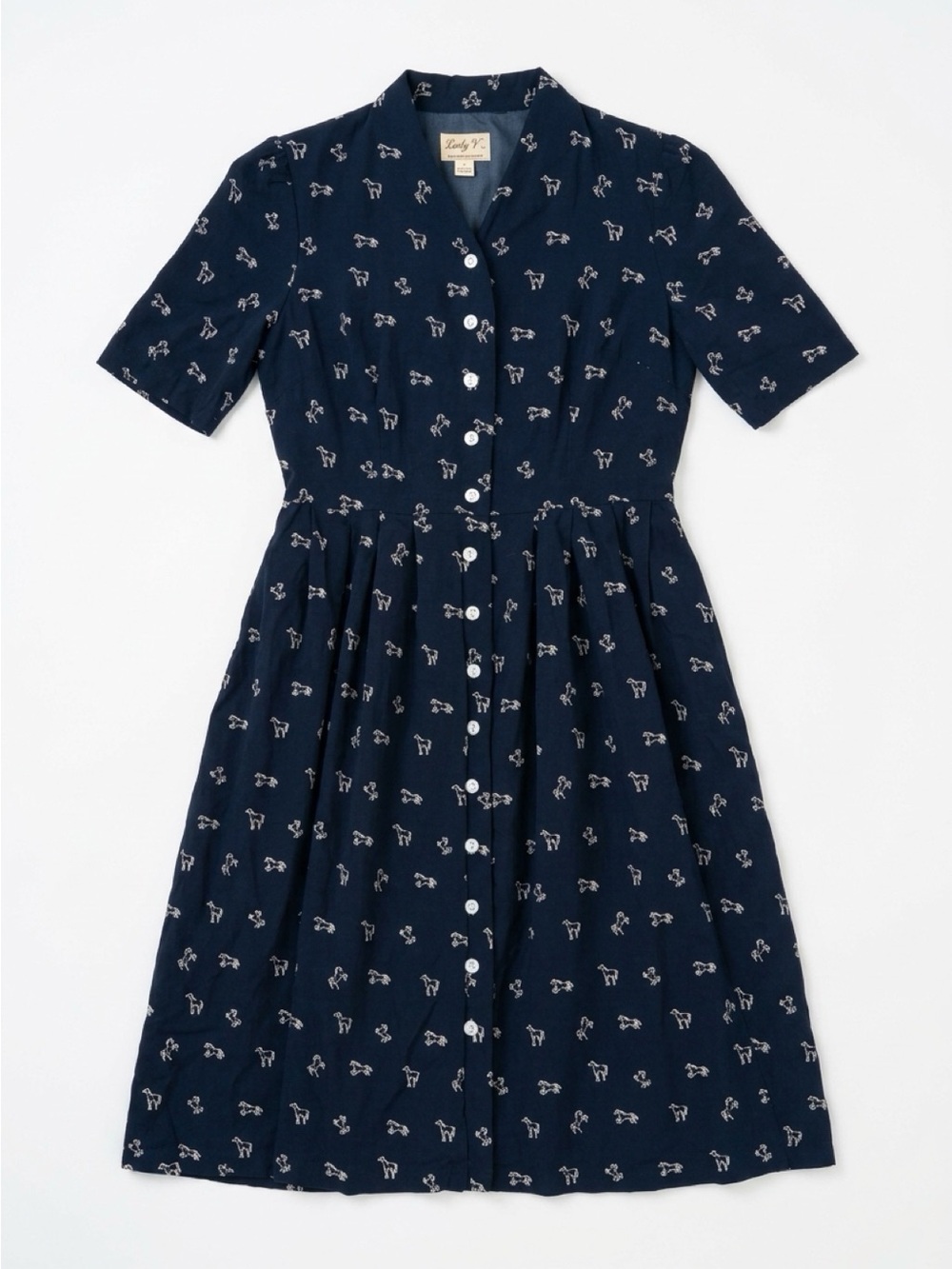 Lindy Bop Navy Midi Button-Front Dress with White Print